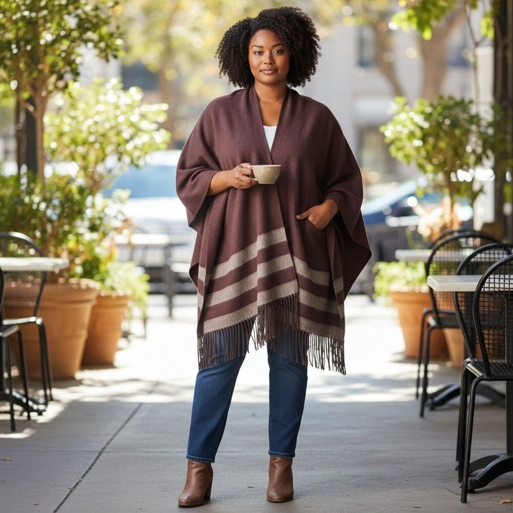 Wool Cashmere Brown Fringe Ruana Poncho with Stripes